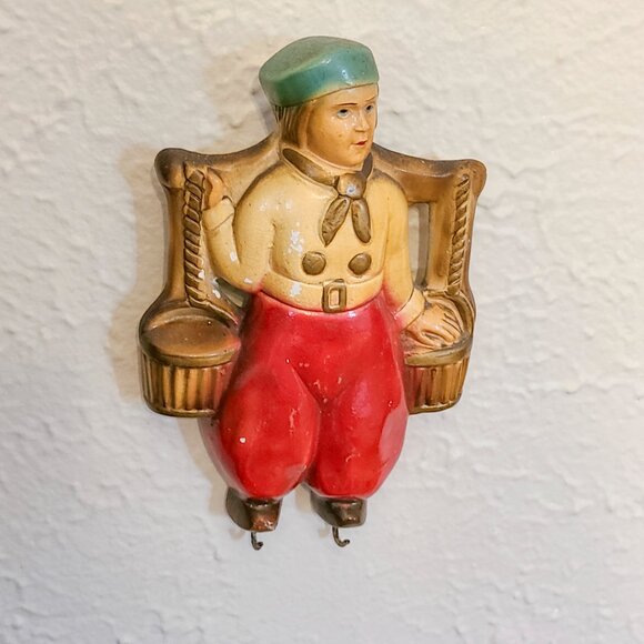 Vintage Dutch Boy Chalkware Wall Hanging with Hooks for Hot Pads, Towels or Keys - Picture 2 of 5